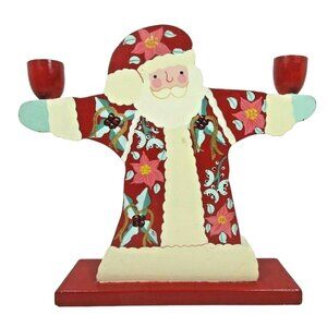 Painted Folk Art Wooden Santa Taper Candle Holder 9" Wood Hand Painted Christmas
